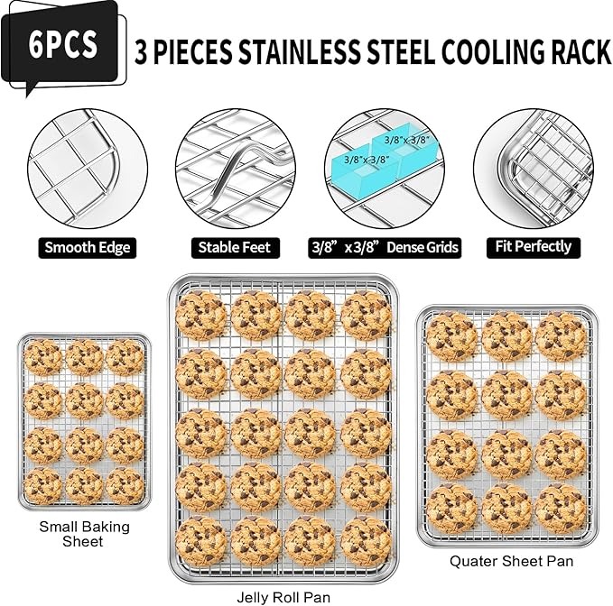 CEKEE Baking Sheet with Wire Rack Set of 6 (3 Cookie Sheets for baking + 3 Cooking Racks), Stainless Steel Stainless Steel Baking Pans Set with Cooling Rack - Heavy Duty & Dishwasher Safe - Image 5