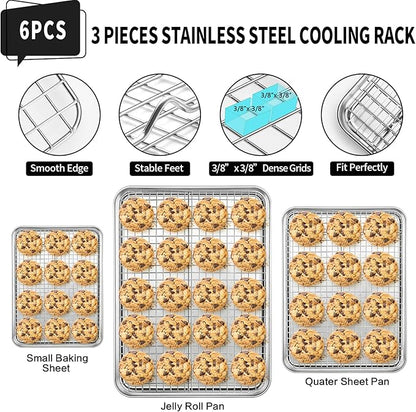 CEKEE Baking Sheet with Wire Rack Set of 6 (3 Cookie Sheets for baking + 3 Cooking Racks), Stainless Steel Stainless Steel Baking Pans Set with Cooling Rack - Heavy Duty & Dishwasher Safe - Image 5