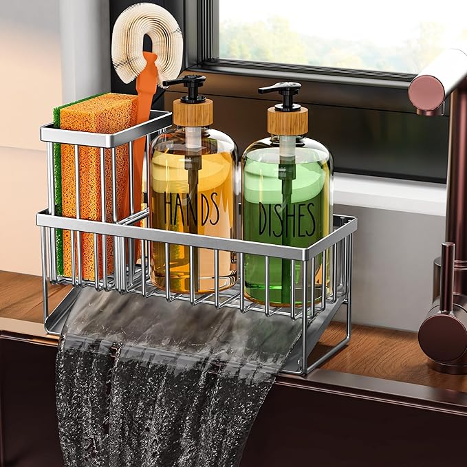 Cisily Kitchen Dish Soap Dispenser Set Stainless Steel Sponge Holder and 2 Pack 16.9oz Clear Glass, Dish Soap Dispensers, Vintage Hand and Dish Soap Dispensers Set, Dispensador De Jabon De Cocina by CISILYHOMELIFE