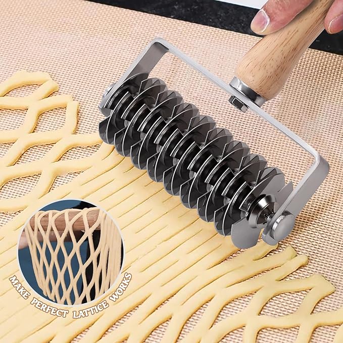 Pastry Lattice Roller Cutter, Stainless Steel Lattice Dough Cutter Wood Handle, Professional Pastry Crust Cutter, Household Time-Saver Cutting Tool Pie Bread Beef Wellington Pizza - Image 2