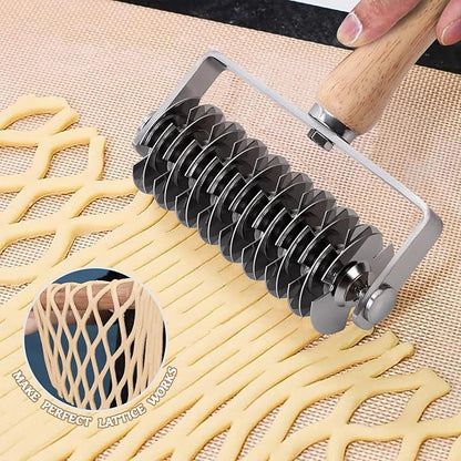 Pastry Lattice Roller Cutter, Stainless Steel Lattice Dough Cutter Wood Handle, Professional Pastry Crust Cutter, Household Time-Saver Cutting Tool Pie Bread Beef Wellington Pizza - Image 2