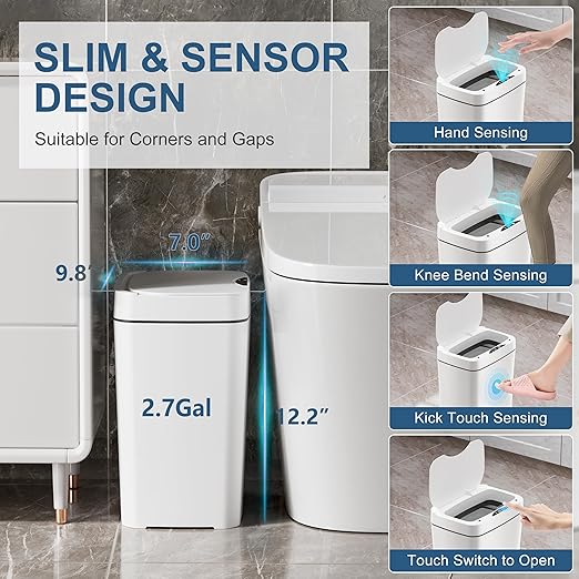 Vanpopubs 2 Pack 2.7 Gal Bathroom Trash Can with Lid, Automatic Trash Can Small Smart Garbage Can Touchless, Slim Motion Sensor Waterproof Plastic Trash Bins for Bedroom Office Kitchen Toilet - Image 4