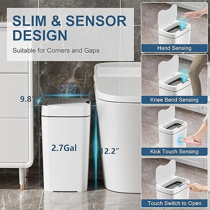 Vanpopubs 2 Pack 2.7 Gal Bathroom Trash Can with Lid, Automatic Trash Can Small Smart Garbage Can Touchless, Slim Motion Sensor Waterproof Plastic Trash Bins for Bedroom Office Kitchen Toilet - Image 4