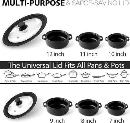 Anaeat Silicone Universal Lid for Pots, Pans and Skillets - Tempered Glass Covered with Heat Resistant Silicone Rim Fits All 7" to 12" Diameter Cookware -Easy to Use Replacement Frying Pan Cover
