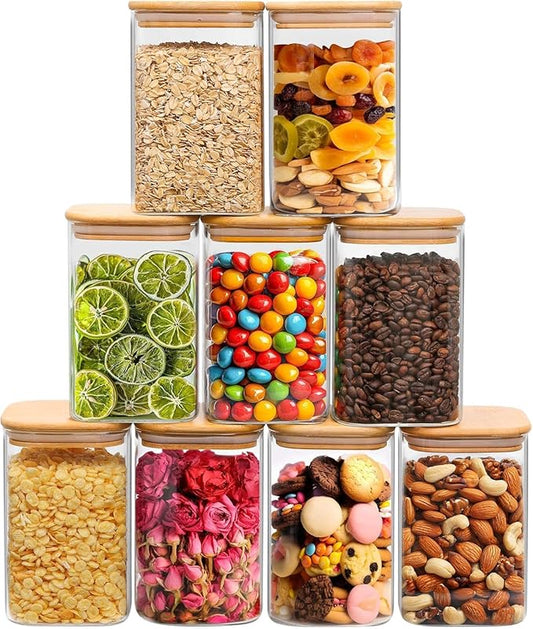 ComSaf 1.2 Qt Glass Storage Containers with Lids, Glass Jars with Lids, Clear Food Storage Jar, Square Canister Set of 9, Pantry Organizers and Storage for Cookie Flour Oat Pasta Tea Coffee Bean by ComSaf