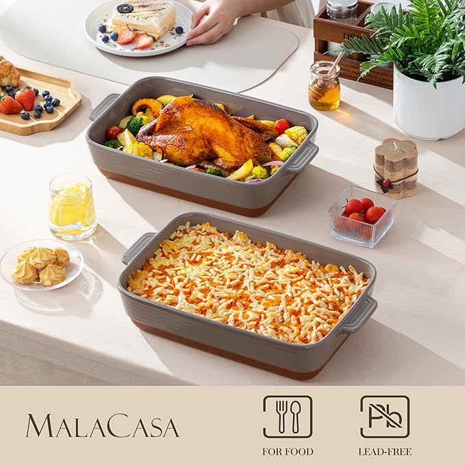 MALACASA 4.8 Qt Lasagne Dishes for Oven, 9 x 13 Inches Brown Ceramic Oven Dish with Handles, Deep Rectangular Baking Dish Casserole Dishes, Lasagna Pan Bakeware for Roasting, Series TARA - Image 3