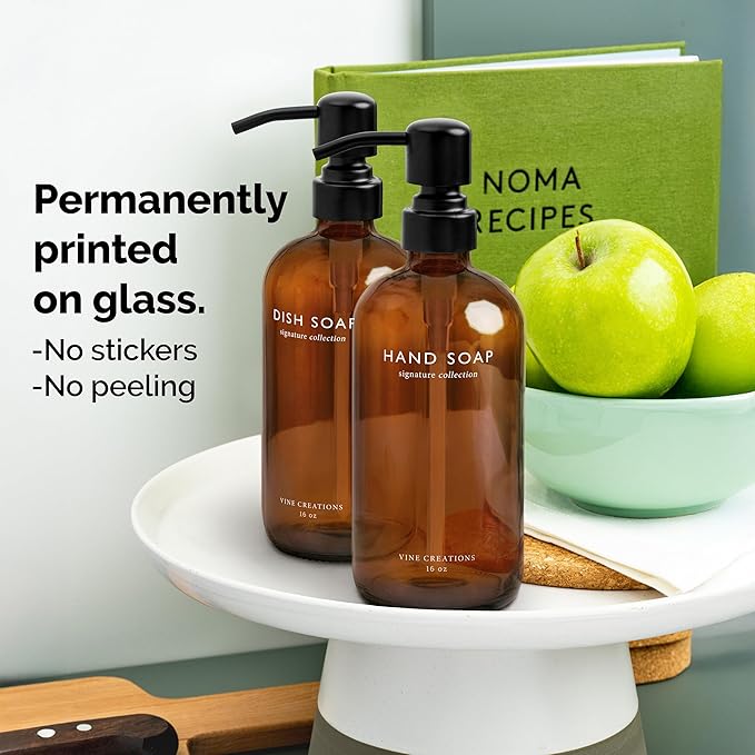 Vine Creations Amber Glass Soap Dispenser Set, Dish Soap and Hand Soap Dispenser Set with Stainless Steel Pump, 16 oz Glass Dispensers for Kitchen or Bathroom Decor (Amber Bottle/Matte Black Pump) - Image 3