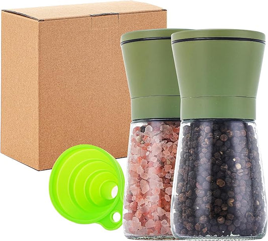 DAVIMADE Premium 2pk Sage Green Salt and Pepper Grinder Set, Manual Grinder Adjustable Coarseness Ceramic Blades, Bonus Funnel，Short Kitchen Accessories