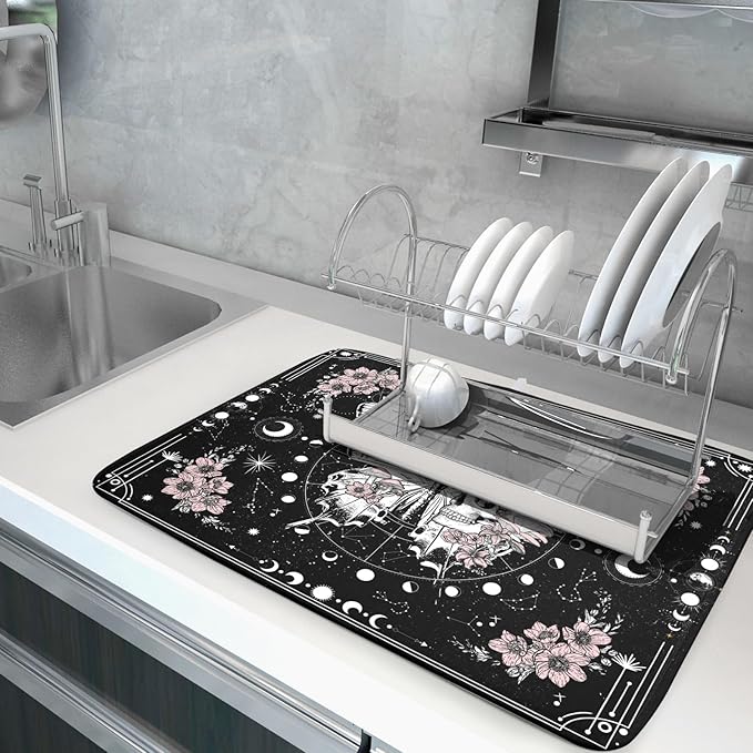 Skeleton Butterfly Dish Drying Mat Black Skull Absorbent Dish Drainer for Kitchen Counter Holiday Decor - Image 5