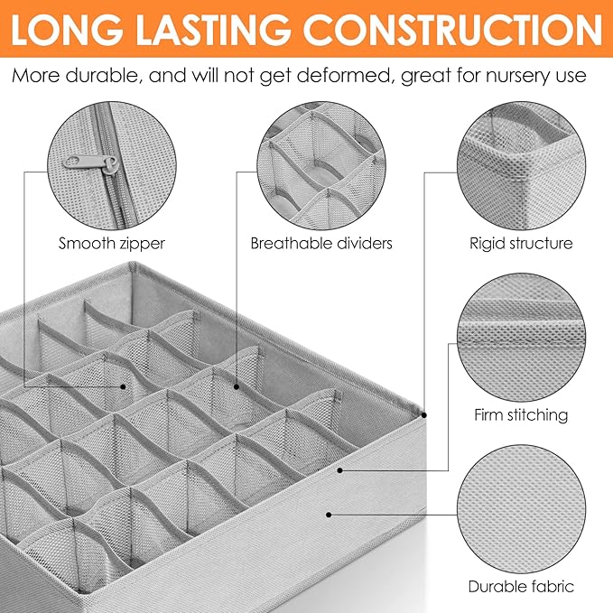 Criusia 6 Pack Sock Underwear Drawer Organizer Dividers, 58 Cell Foldable Fabric Dresser Closet Organizers and Storage Bins for Clothing, Baby Clothes, Bra, Panty, Scarf, Ties (Grey) - Image 5