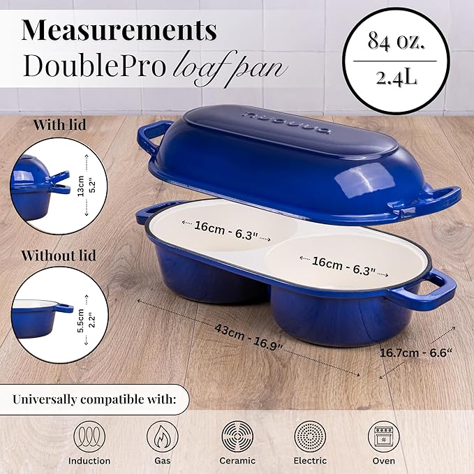 Dutch Oven For Sourdough Bread Baking – Enamelled Cast Iron Bread Loaf Pot – 500°F Oven Safe Non Stick Bread Pot – Double Round Loaf Space, 16.5cm Diameter, Dark Blue, – by Nuovva - Image 2