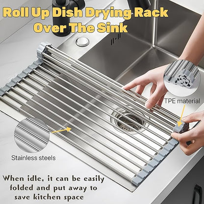Roll Up Dish Drying Rack, 17.7" x 11.8" Over The Sink Dish Drying Rack, Kitchen Dish Rack Foldable Dish Drainer, Stainless Steel Dish Drying Rack for Kitchen Sink Counter Storage (Grey)