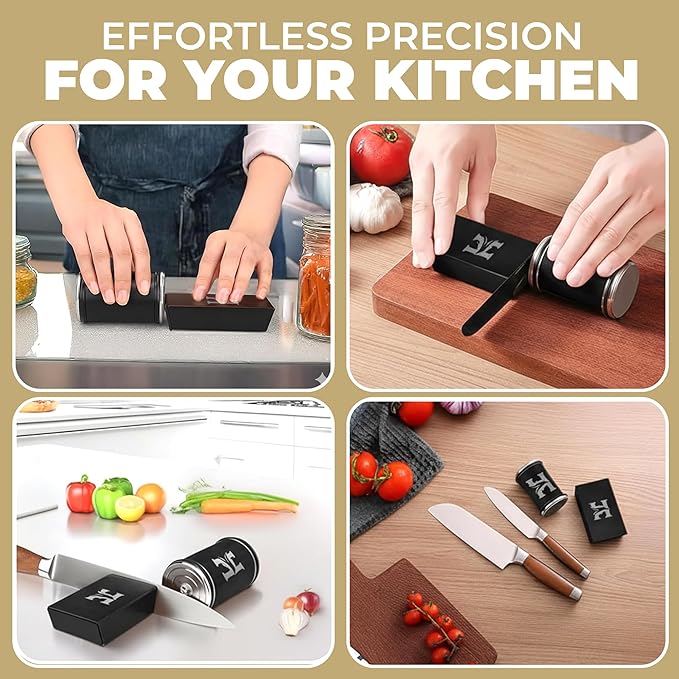 High Carbon Stainless Steel Rolling Knife Sharpener with 400, 1000 & 3000 Replacement Discs - Blunt Knife Sharpening Kit with 15 and 20 Degree Sharpening for Kitchen & Chef's Knives (BLACK) - Image 9
