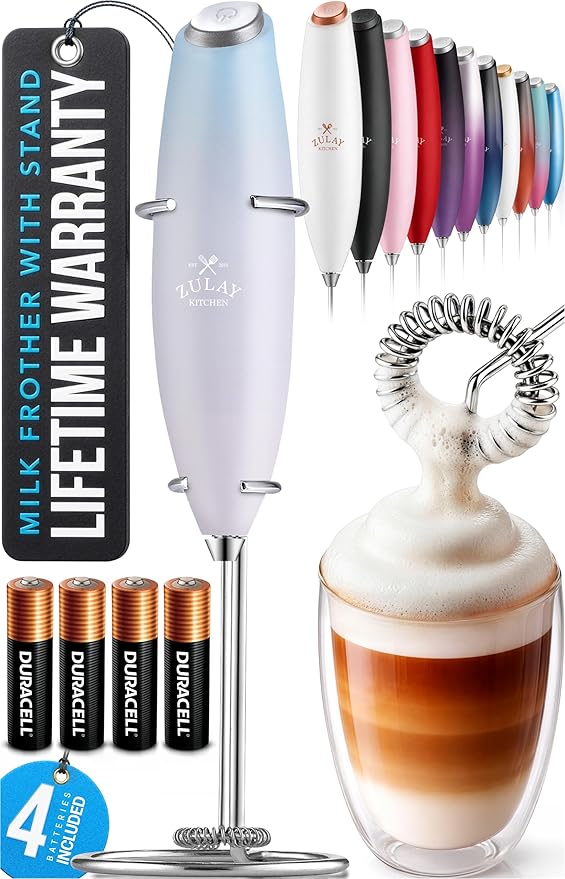 Zulay Kitchen Powerful Milk Frother Wand With 4 AA Duracell Batteries - Ultra Fast Handheld Drink Mixer - Electric Whisk Foam Maker for Coffee, Lattes, Cappuccino, Matcha & Creamer - Cloud by ZulayKitchen