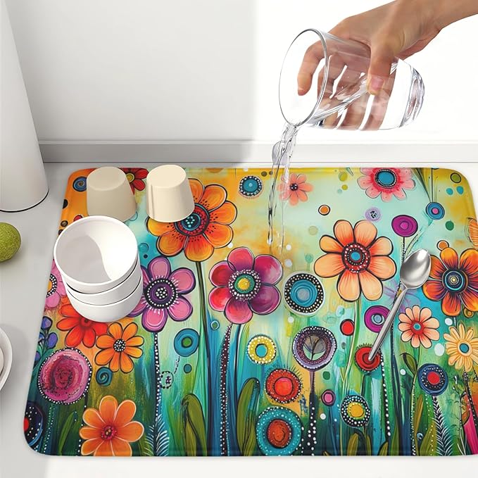 Abstract Colorful Floral Dish Drying Mat for Kitchen Counter Spring Summer Flower Microfiber Dish Drainer Mat Rustic Absorbent Washable Drying Pad Extra Large 18"x24"