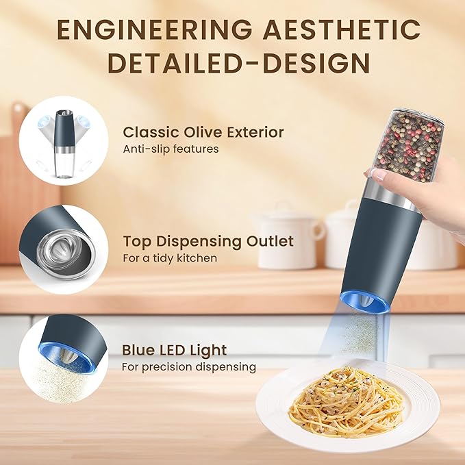 Gravity Electric Salt And Pepper Grinder Set, Automatic Salt And Pepper Grinder Set, Battery Powered (6 AAA Batteries Each), Adjustable Roughness, LED Light, 2 Pack, (Grey) - Image 4