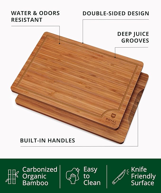 ROYAL CRAFT WOOD Wooden Cutting Boards for Kitchen Meal Prep & Serving - Bamboo Wood Serving Board Set with Deep Juice Groove Side Handles - Charcuterie & Chopping Butcher Block for Meat - Image 8