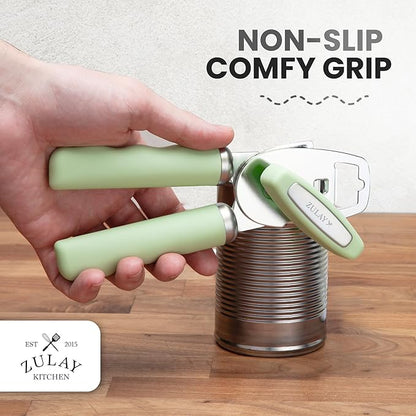 Zulay Kitchen Heavy Duty Stainless Steel Can Opener Manual with Bottle Opener - Rust Proof Manual Can Opener With Turn Knob & Comfy Soft Grip Handles - Pistachio - Image 5
