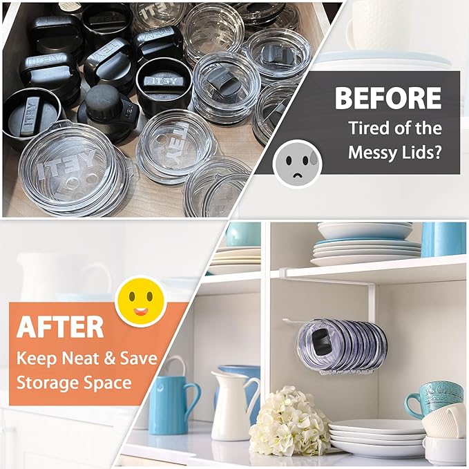 Tumbler Lid Organizer, Horizontal Tumbler Lid Storage Hook Up to 10 Lids, Space Saving Cup Lid Holders Under Cabinet Tumbler Lid Hook for Kitchen Organizer and Storage, Paper Towel Rack Hanger (White) - Image 5