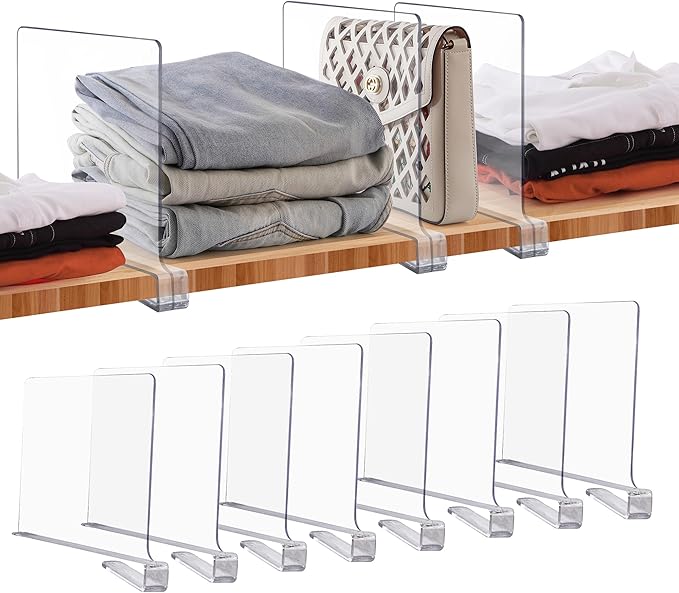 JOY DECOR 8 Pack Acrylic Clear Shelf Dividers for Closets Organizer and Storage Adjustable Vertical Wood Shelf Closet Separators for Clothes,Book,Bags in Bedroom and Kitchen by JOY+DECOR