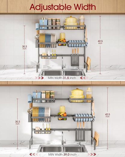 Sakugi Dish Drying Rack - Over The Sink Dish Drainer Drying Rack with Utensil & Knife Holder, Hooks, Stainless Steel Kitchen Organizers and Storage Solution, 11.8" D x 31.5"~39.0''W x 30" H, Gray - Image 3