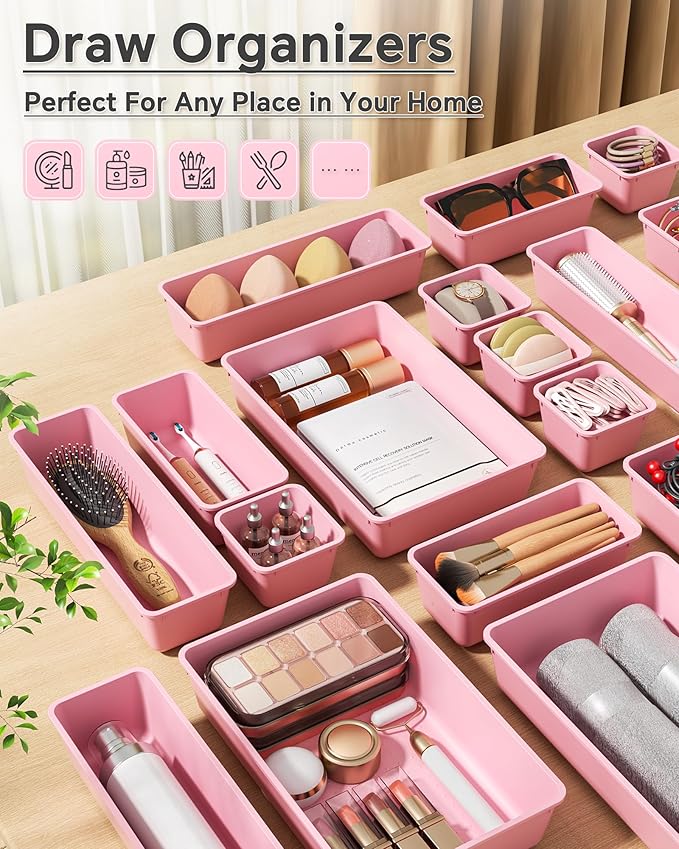KEMETHY 25 PCS Plastic Drawer Organizers Set, 4 Sizes Vanity Organizer, Makeup and Desk Drawer Organizer Trays, Organization and Storage for Makeup, Bathroom, Kitchen Utensils and Office (Pink) - Image 6