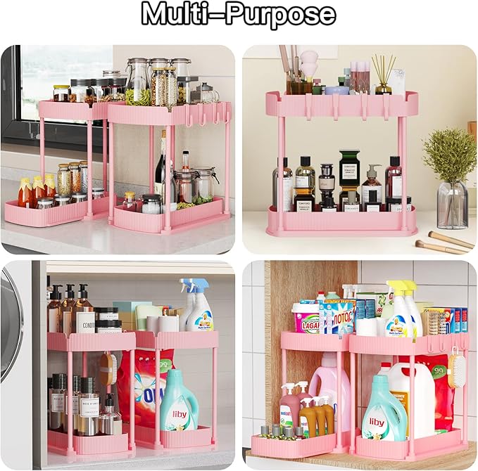 Ukeetap 2 Pack Multi-Purpose Pull-Out Storage Organizers, Under Sink Organizers and Storage for Bathroom & Kitchen, Under Cabinet Organizers and storage, 14.8 Inch, Pink - Image 6