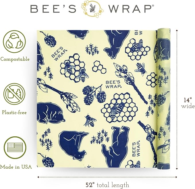 Bee's Wrap Beeswax Wraps for Food - Cut to Size 14x52" Beeswax Wrap Roll - Plastic Free Made in USA Reusable Natural Food Wrap - Bees & Bears - Image 2