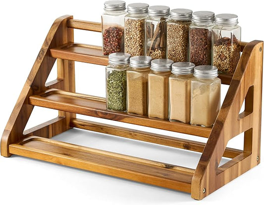 Tinamo Acacia Wood Spice Rack for Countertop - Wooden Tray Holds 24 Jars Spice Racks Organizer for Storage Shelf - 3 Tiered Spice Rack Organizer for Cabinet - Spice Shelf for Kitchen Pantry (Acacia) by TINAMO