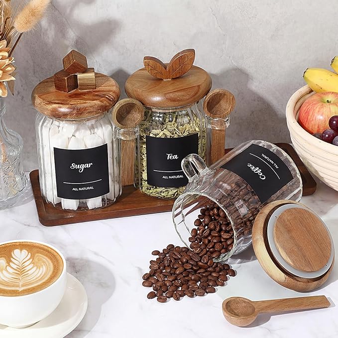 Suclain 3 Pcs Glass Coffee Container with Acacia Wood Lid & Spoon, 20.3 oz Airtight Glass Jar with Wooden Shelf, Food Storage Containers Coffee Jar Tea Container(Acacia Color) - Image 5