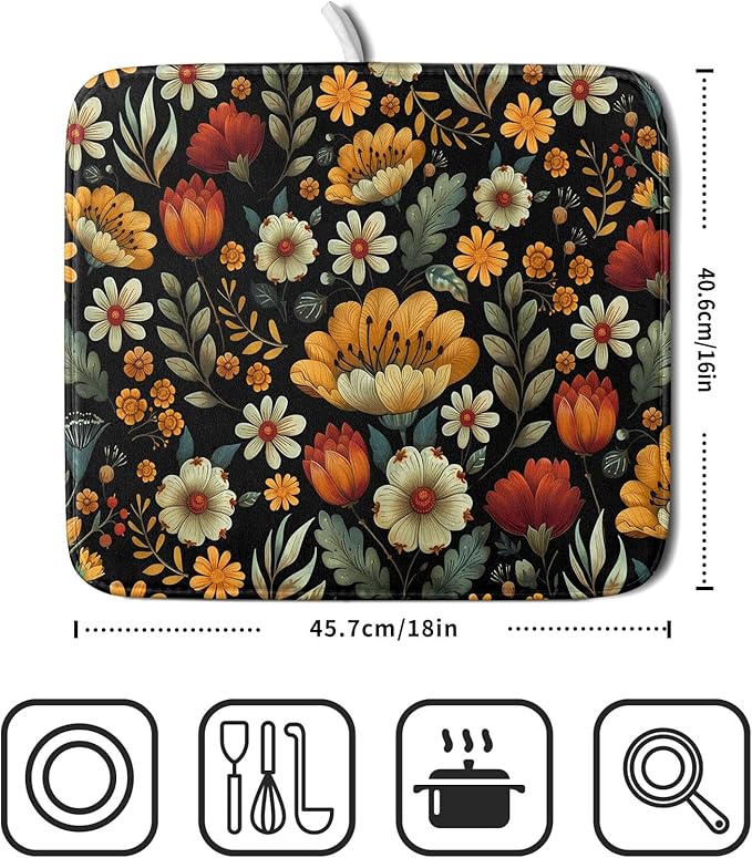 Vintage Boho Floral Dish Drying Mat for Kitchen Counter,Yellow Beige Black Spring Flower Drying Mat 16 x18 Inch with Absorbent Reversible Microfiber Drying Pad for Coffee Bar - Image 2