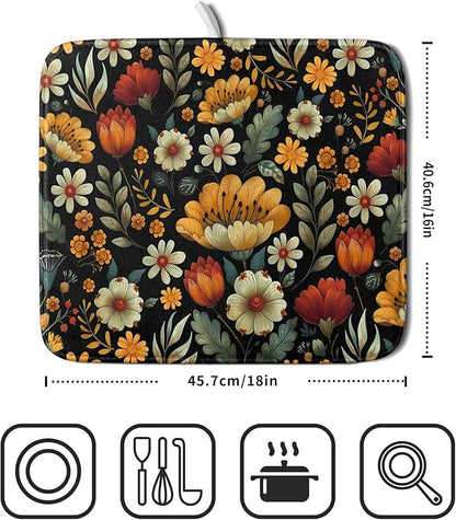 Vintage Boho Floral Dish Drying Mat for Kitchen Counter,Yellow Beige Black Spring Flower Drying Mat 16 x18 Inch with Absorbent Reversible Microfiber Drying Pad for Coffee Bar - Image 2