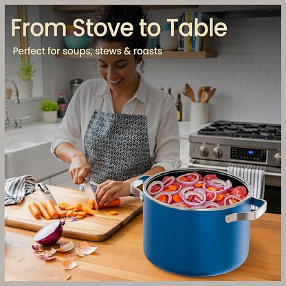 Bakken 8.5 Quart Ceramic Coated Stock Pot with Lid, Easy Clean Nonstick Pot, Tempered Glass Lid, Riveted Stainless Steel Handles, Oven Safe Up To 500°F, PTFE & PFAS Free, All Stove Compatible, Blue - Image 5