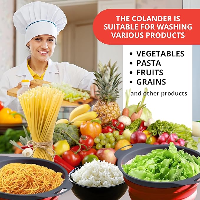 Set of 3 Red Food Strainer for Kitchen - Silicone Sieve Small Foldable Colander for Pasta and Spaghetti Multifunctional Silicone Collapsible Strainer for Camping - Image 7