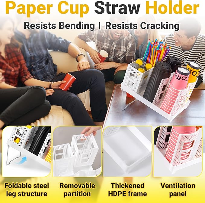Cup and Lid Holder, Disposable Paper Cup Dispenser with Coffee Pod Straw Storage Basket, 6-Compartment Countertop Coffee Cup Holder for Coffee Stations, Break Rooms, Living Rooms (White)