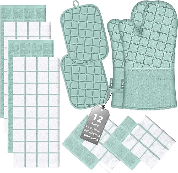 Oven Mitts Pot Holders Sets/Kitchen Towels and Dishcloths, Oven Gloves Kitchen Dish Towels 500 Degree Heat Resistant Potholders with Non-Slip Silicone Surface for Cooking, Grilling, Baking-Mint Green by BSKSSK