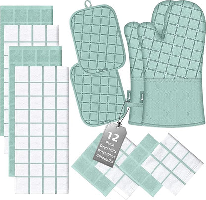 Oven Mitts Pot Holders Sets/Kitchen Towels and Dishcloths, Oven Gloves Kitchen Dish Towels 500 Degree Heat Resistant Potholders with Non-Slip Silicone Surface for Cooking, Grilling, Baking-Mint Green by BSKSSK