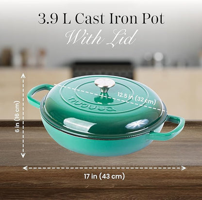 Shallow Cast Iron Casserole with Lid – Non Stick Dutch Oven Pot, Oven Safe up to 500° F – Sturdy Ovenproof Stockpot Cookware – Enamelled Cooking Pot – Dark Green, 5-Quart, 32cm – by Nuovva