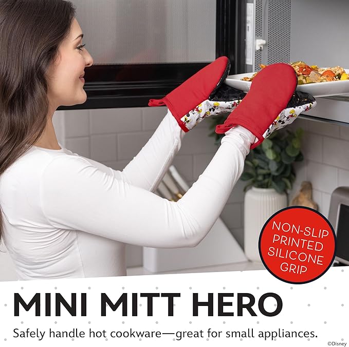 Disney Oven Mitts 2-Pack - 5.5” x 7.5” Heat-Resistant Mini Oven Mitts with Non-Slip Printed Silicone Disney Silhouettes - Pot Holders for Kitchen - Mickey & Minnie, Stitch, Winnie the Pooh