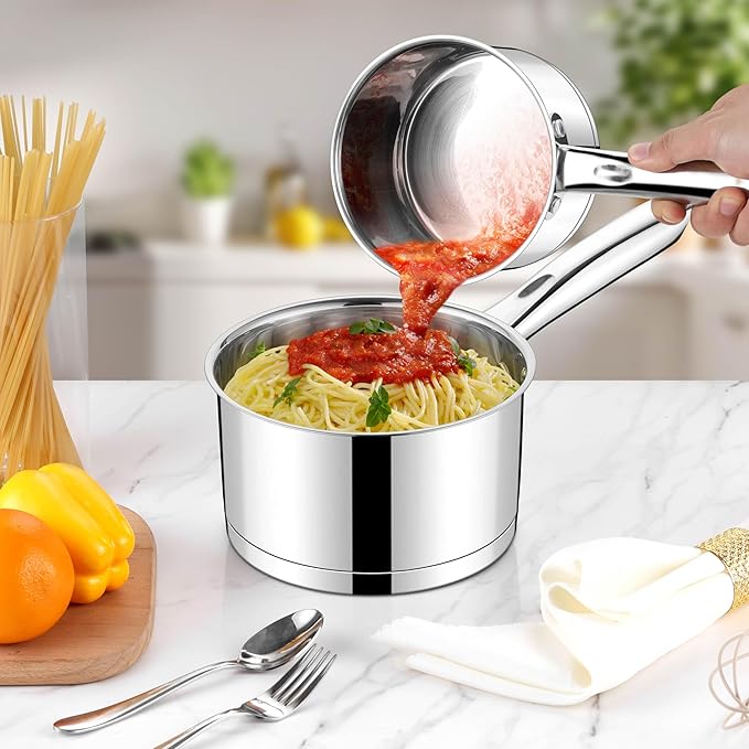 LIANYU Stainless Steel Saucepan Set of 2, 1QT & 3QT Sauce Pan with Lid, Tri-Ply Bottom Milk Pot, All Stove Compatible, Oven & Dishwasher Safe