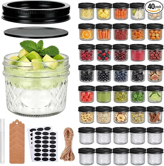 4oz Clear Glass Mini Mason Jars, 40 Pack Small Clear Canning Jars with Black Separable Lids and Diamond appearance for Spice, Honey, Jam, Caviar, Candle Making, Wedding Favors & Kitchen Storage by QAPPDA