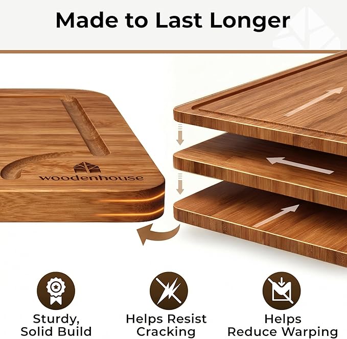 Set of 3 Bamboo Cutting Boards for Kitchen - Thick & Durable Wood Cutting Boards Set with Deep Juice Grooves & Build-in Handles, Large Surface, Easy to Clean – for Meat, Vegetables and Fruits