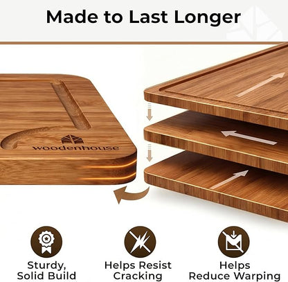 Set of 3 Bamboo Cutting Boards for Kitchen - Thick & Durable Wood Cutting Boards Set with Deep Juice Grooves & Build-in Handles, Large Surface, Easy to Clean – for Meat, Vegetables and Fruits
