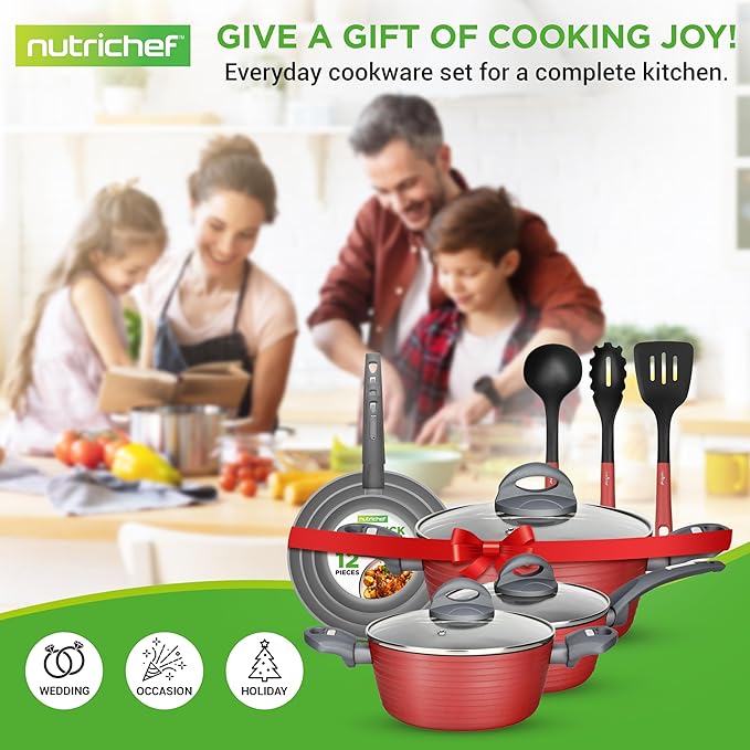 NutriChef 12-Piece Nonstick Kitchen Cookware Set-PTFE/PFOA/PFOS-Free Heat Resistant Lacquer Kitchen Ware Pots Pan Set Dark Gray/Red- Saucepot, Pans, Cooking Pot Oven Pot, Lid, Utensil - NCCW12RED - Image 7