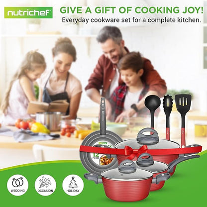 NutriChef 12-Piece Nonstick Kitchen Cookware Set-PTFE/PFOA/PFOS-Free Heat Resistant Lacquer Kitchen Ware Pots Pan Set Dark Gray/Red- Saucepot, Pans, Cooking Pot Oven Pot, Lid, Utensil - NCCW12RED - Image 7