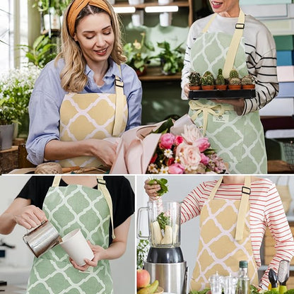2 Pieces Aprons for Women with Pockets, Cotton Linen Waterproof Kitchen Cooking Aprons, Chef Apronfor Men Women with Adjustable Neck Strap and Long Ties(Yellow/Green)