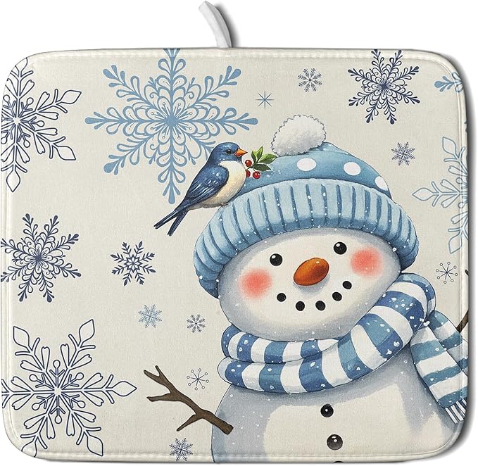 Winter Snowman Dish Drying Mat for Kitchen Counter 16x18 Blue Snowflake Bird Christmas Holiday Absorbent Reversible Microfiber Drying Mats Kitchen Countertop Protector Dishes Drainer Rack Pad by Aytipun