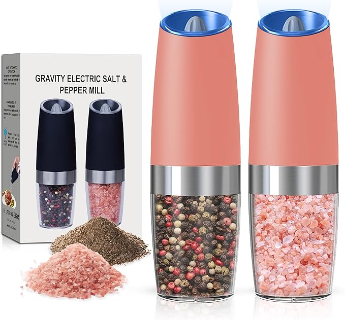 Battery Operated Salt And Pepper Grinder Set with LED Light, Automatic Electric Gravity Salt And Pepper Shakers Set, Each 6 AAA Batteries Needed, Adjustable Roughness, 2 Pack (Pink) by Unknown