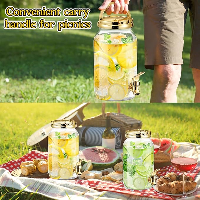 Tanlade 2 Pcs Plastic Drink Dispenser with Stand Beverage Dispenser with Sturdy Metal Base Juice Jar for Parties Lemonade Jar Spigot for Weddings Countertop Water, Each 1 Gallon (Gold)