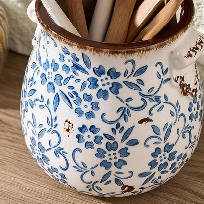 Utensil Holder for Kitchen Counter, Modern Farmhouse Rustic Cooking Utensil Holder and Crock, Exquisite Chinoiserie Floral Ceramic Utensil Organizer for Home Kitchen Decor- Blue and White Porcelain - Image 3